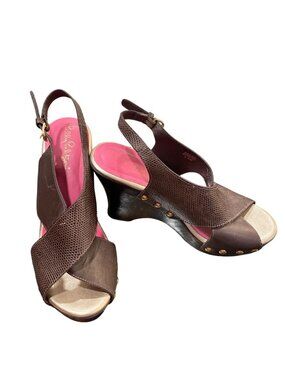 Lily Pulitzer wms brown leather 4" block studded wedge heels sz 6.5M SKU 10-207